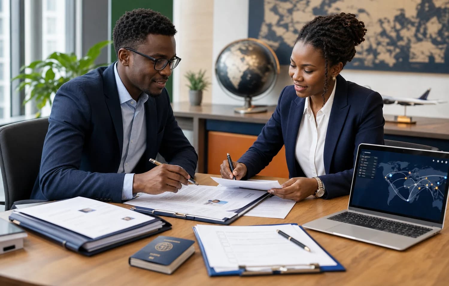 Teloh consultant reviewing travel documents with a client.